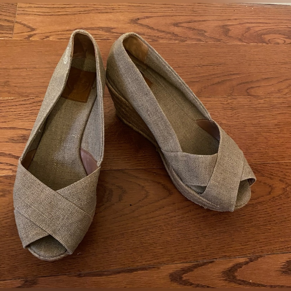 Tory Burch Fillipa Tan Wedges with Peep-Toe Design